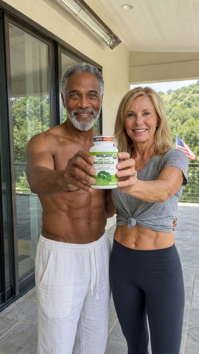 Silas Langston and a woman holding Pura Vida Organic Moringa capsules